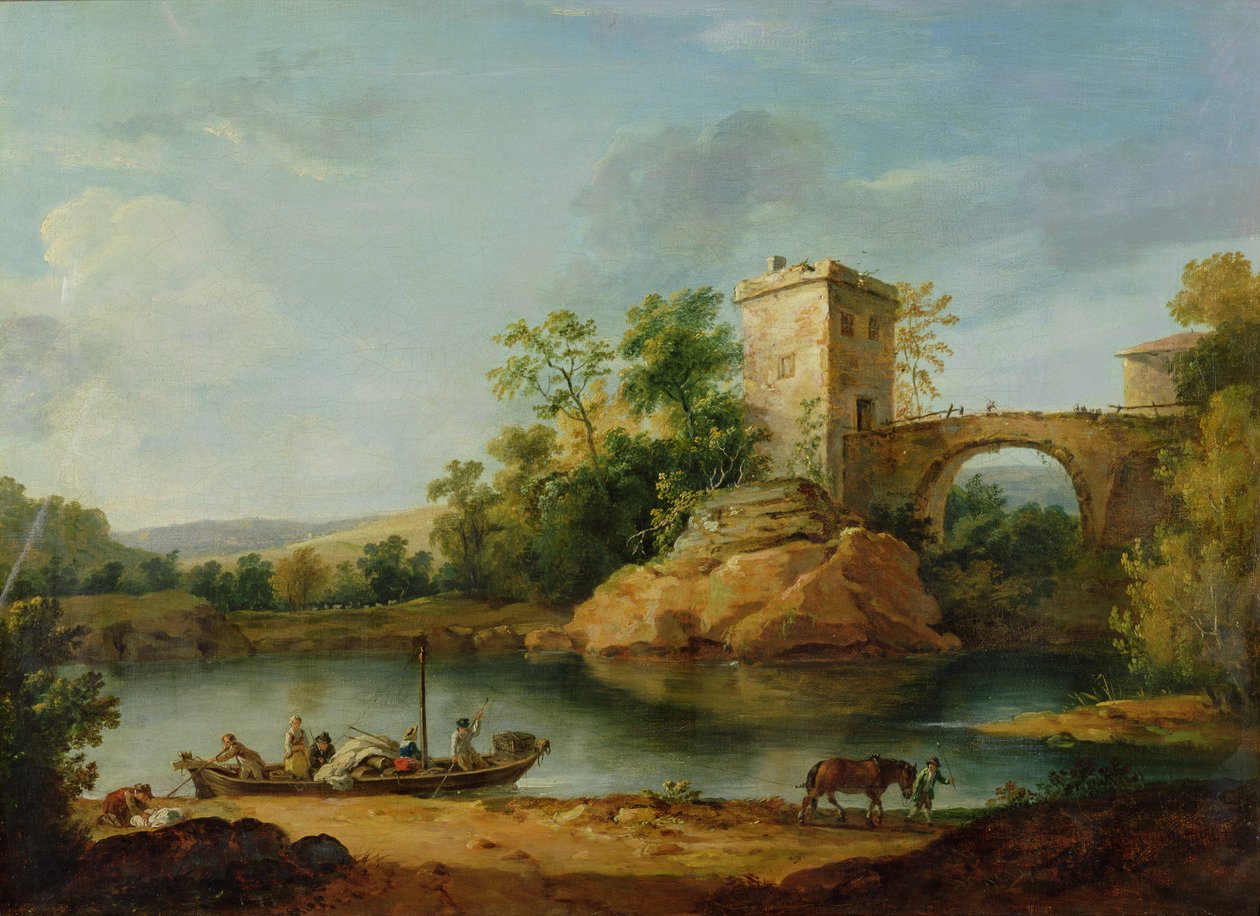 Zalesiony włoski pejzaż rzeczny z chłopami na barce i mostem za nią, ok. 1770 (akwarela) autorstwa William Marlow