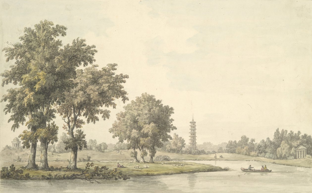 Widok na jezioro i wyspę z trawnika w Kew, 1763. autorstwa William Marlow