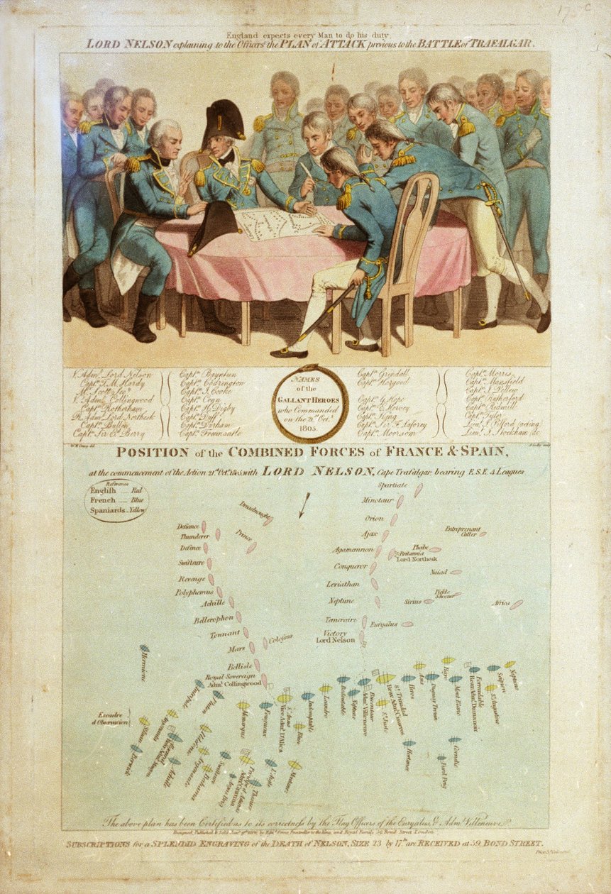"Lord Nelson wyjaśniający oficerom plan ataku przed bitwą pod Trafalgarem autorstwa William Marshall (after) Craig