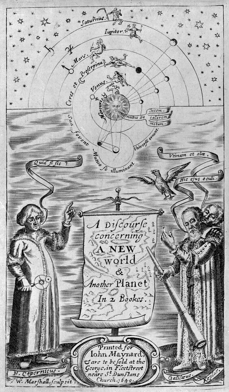 Dyskurs dotyczący nowego świata i innej planety w 2 księgach, 1640 (frontispis) autorstwa William Marshall