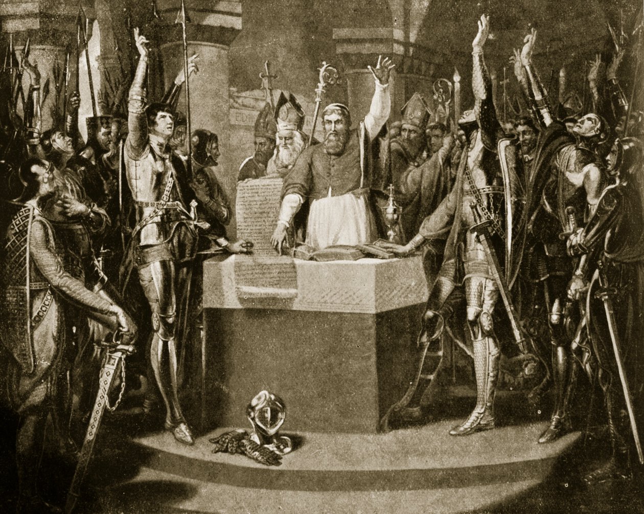 Przysięga baronów, 1214, ilustracja z Hutchinsons Story of the British Nation, c.1920 autorstwa William Martin