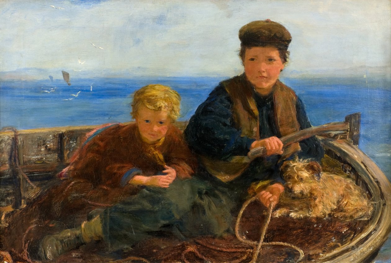 Dwóch chłopców i pies w łódce, ok. 1871 (olej na płótnie) autorstwa William McTaggart
