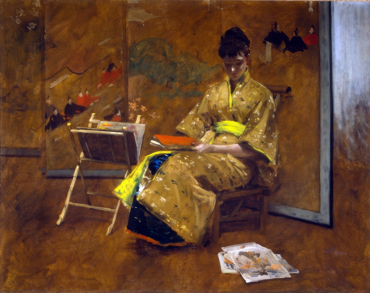 Dziewczyna w japońskiej sukni. Kimono ca. 1887. autorstwa William Merritt Chase