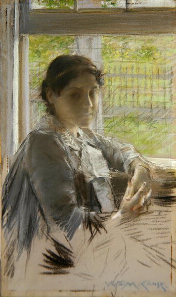 Pod oknem, ok. 1890 (pastel na płótnie) autorstwa William Merritt Chase