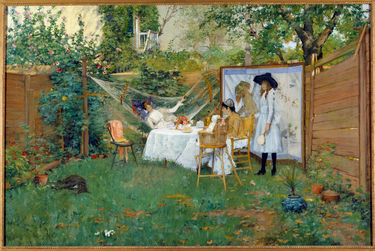 Śniadanie na świeżym powietrzu około 1888 r. Młode kobiety w ogrodzie, jedna z nich leży w hamaku. Obraz Williama Merritta Chase