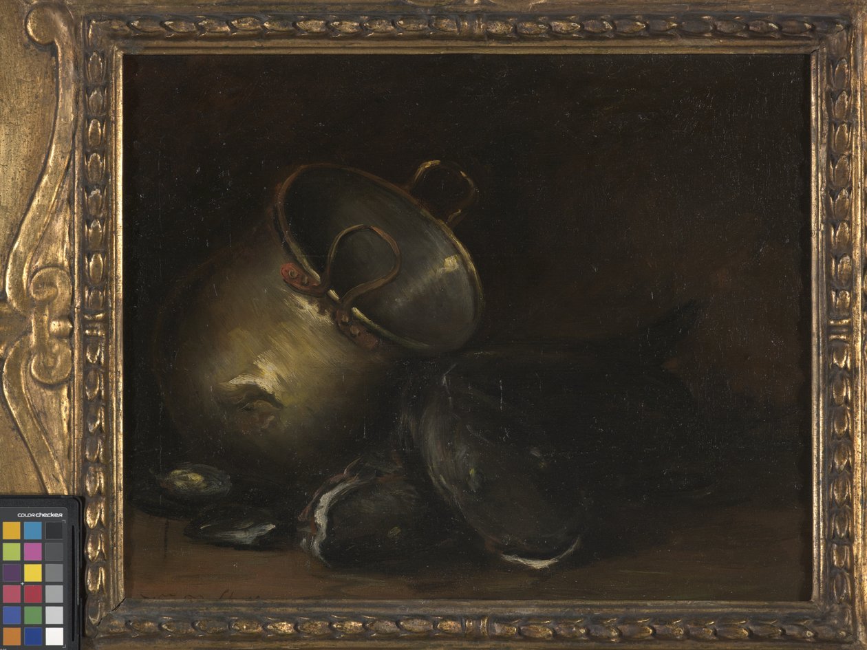 Ainda vida - chaleira de latão e peixe-gato (óleo sobre tela) polonês autorstwa William Merritt Chase
