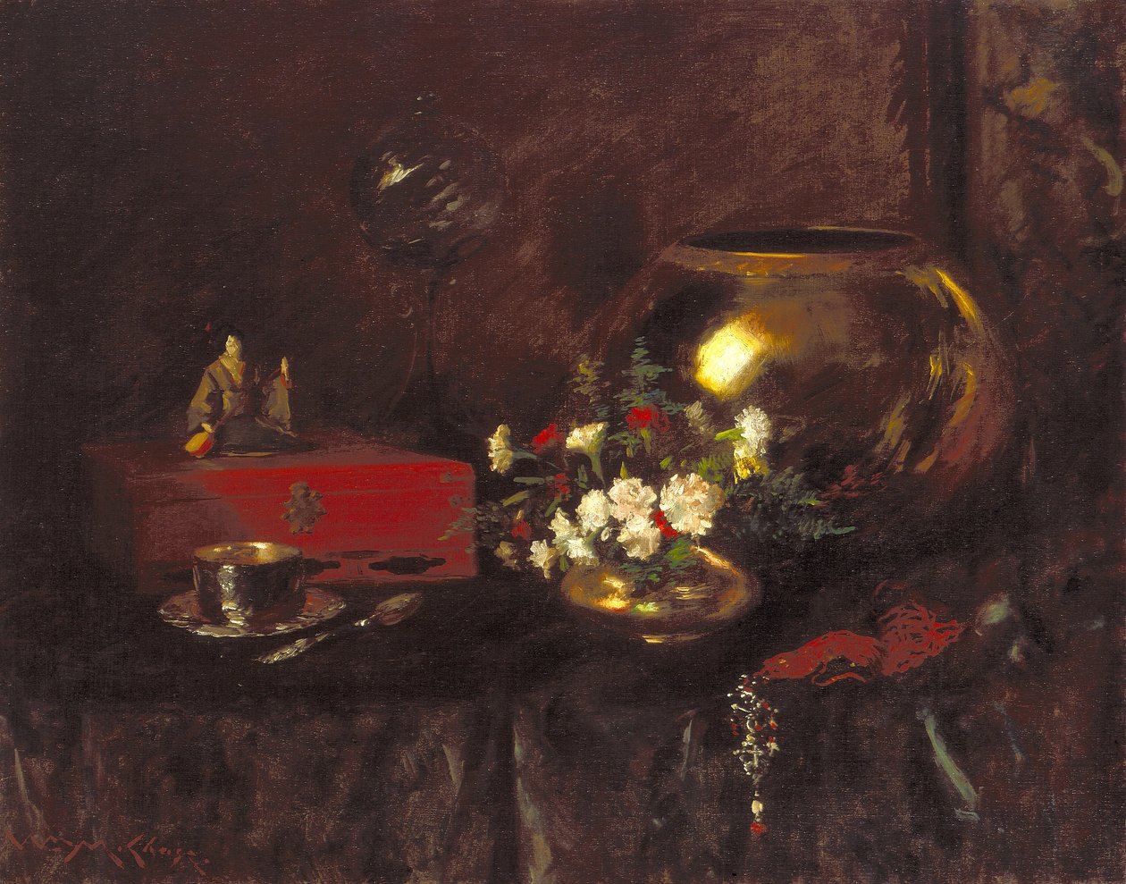 Martwa natura: Mosiężna miska (olej na płótnie) autorstwa William Merritt Chase