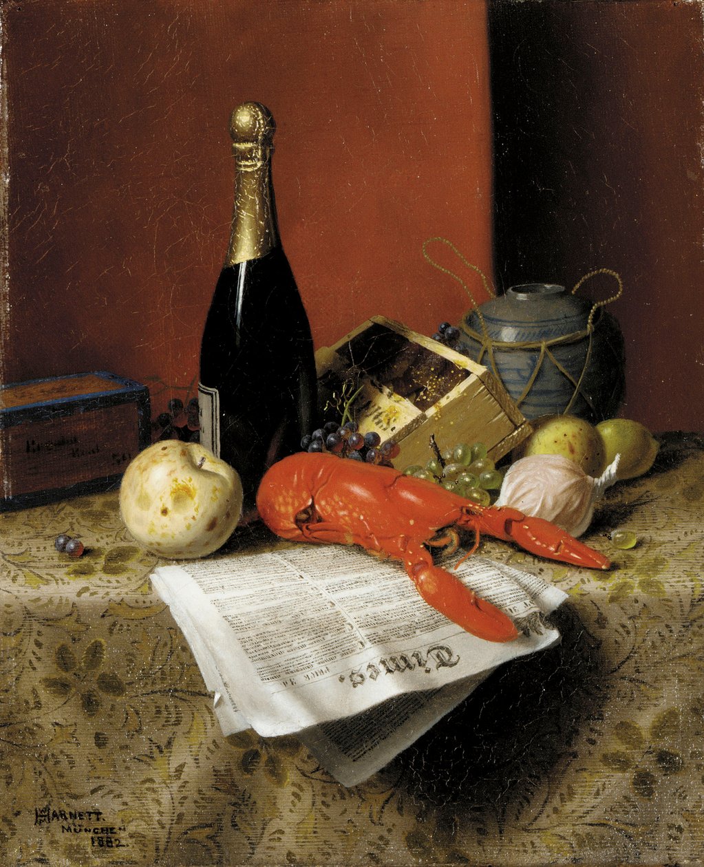 Martwa natura z homarem, owocami, szampanem i gazetą, 1882 autorstwa William Michael Harnett