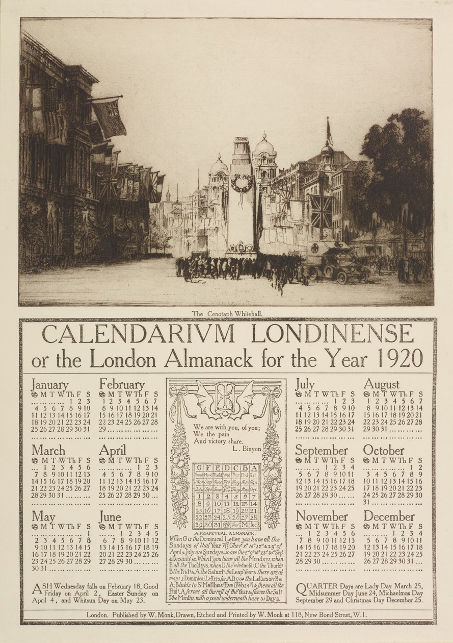 Calendarium Londinense lub London Almanack na rok 1920, zwieńczony widokiem na Cenotaf, Whitehall, 1919 autorstwa William Monk