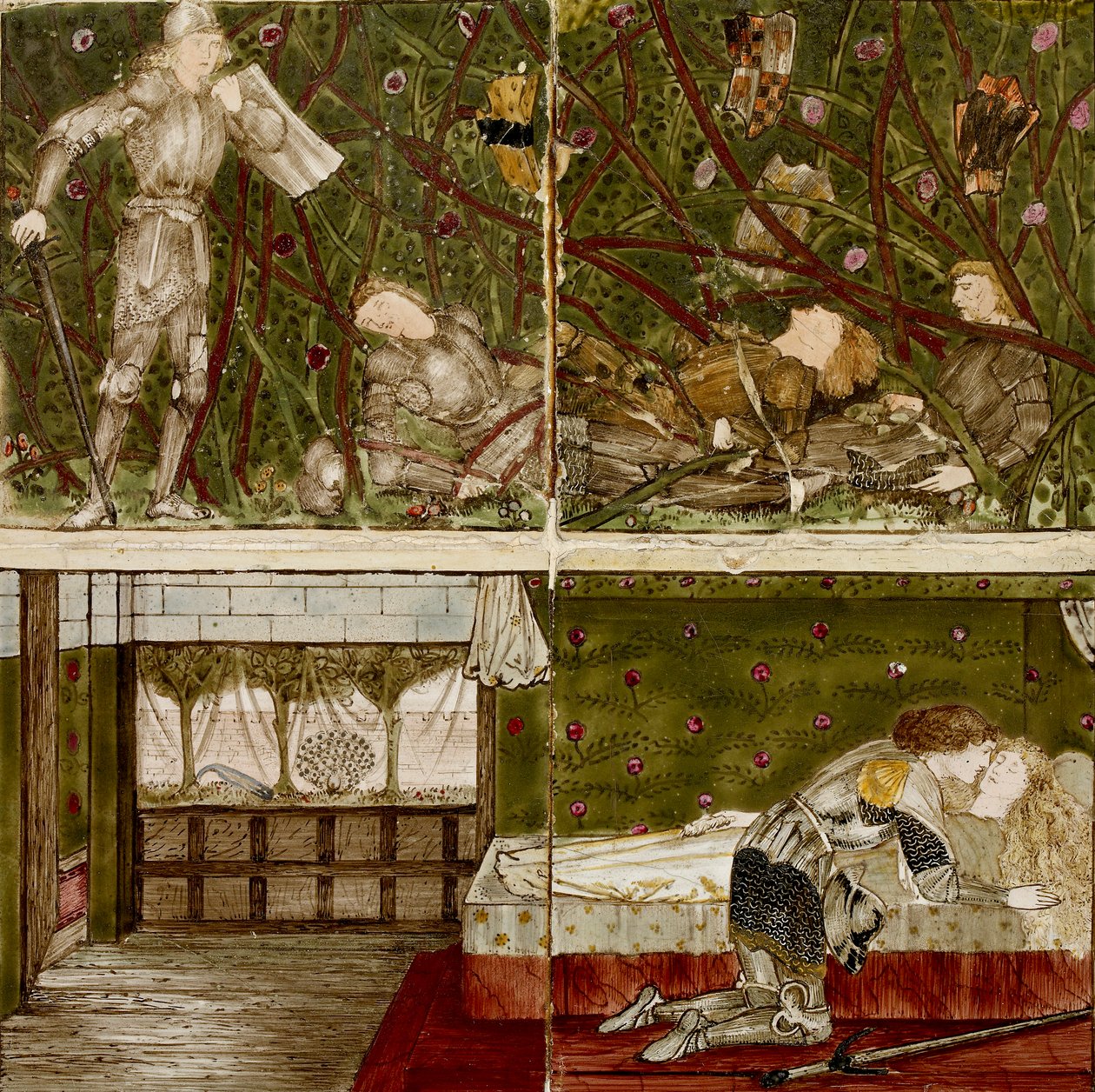 Szesnaście kafelków tworzy osiem ilustracji opowieści „Briar Rose”, 1862-1865. Artyści: William Morris, Sir Edward Coley Burne-Jones. autorstwa WilliamWilliam Morris, Sir Edward Coley Burne Jones