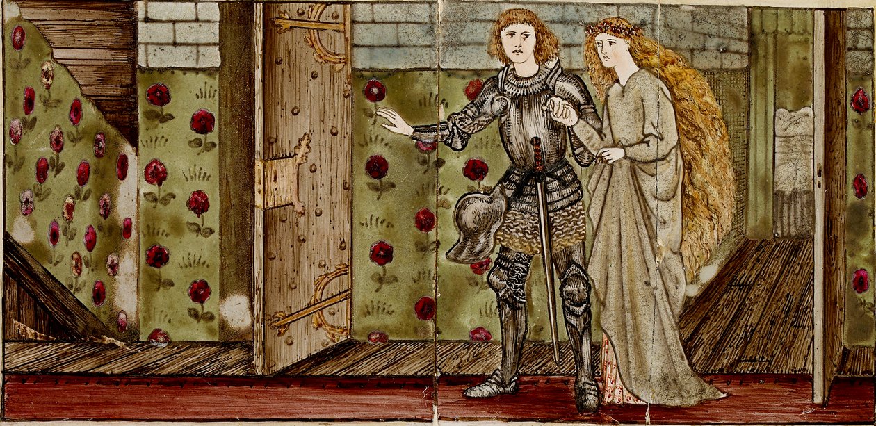 Szesnaście kafelków tworzy osiem ilustracji opowieści „Briar Rose”, 1862-1865. Artyści: William Morris, Sir Edward Coley Burne-Jones. autorstwa WilliamWilliam Morris, Sir Edward Coley Burne Jones