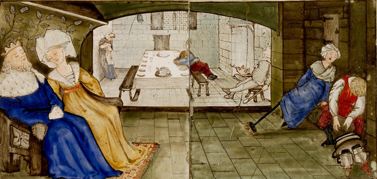 Szesnaście kafelków tworzy osiem ilustracji opowieści „Briar Rose”, 1862-1865. Artyści: William Morris, Sir Edward Coley Burne-Jones. autorstwa WilliamWilliam Morris, Sir Edward Coley Burne Jones
