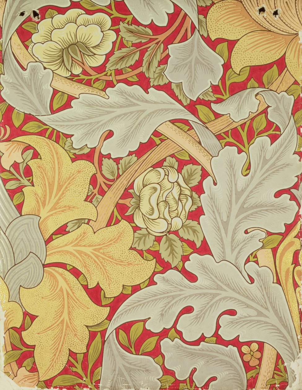 Liście akantu i dzika róża na szkarłatnym tle, wzór tapety autorstwa William Morris