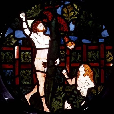 Adam i Ewa zbierają owoce, szczegół z Okna Stworzenia autorstwa William Morris