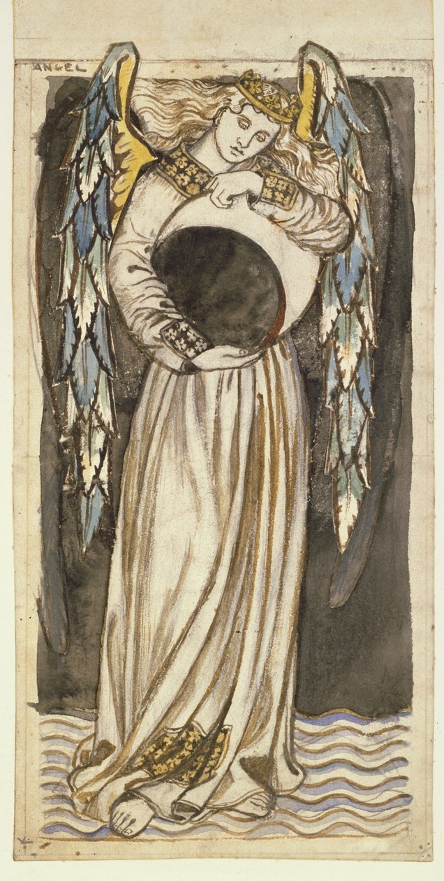Anioł trzymający ubywający księżyc (ołówek i toaleta na papierze) autorstwa William Morris