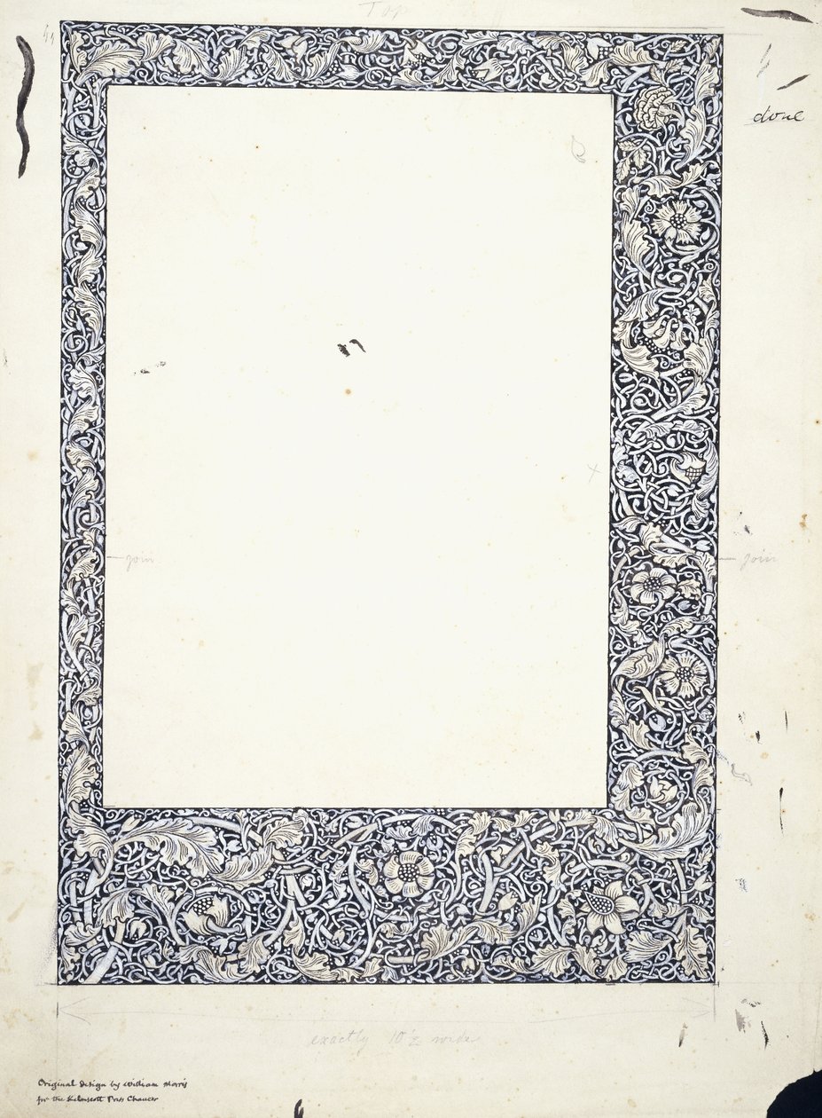 Oryginalny rysunek na całej stronie obramowania autorstwa William Morris