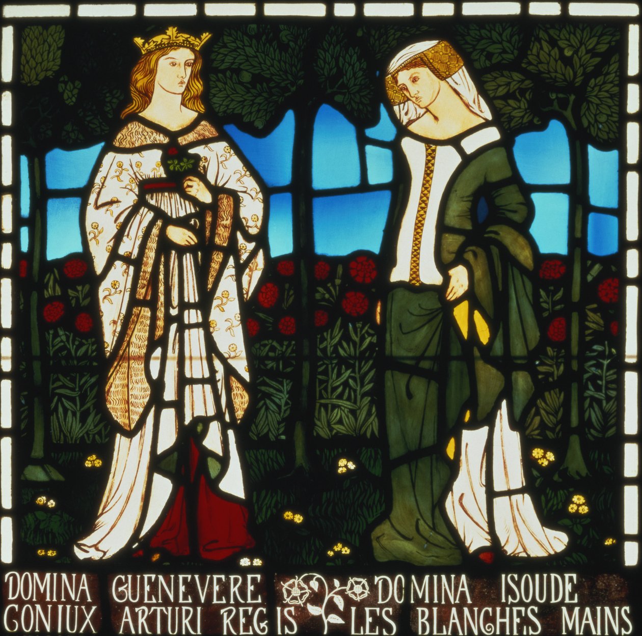 Królowa Ginewra i Izolda o Białych Dłoniach, z "Opowieści o Tristanie i Izoldzie", William Morris und Co., 1850 (witraż) autorstwa William Morris