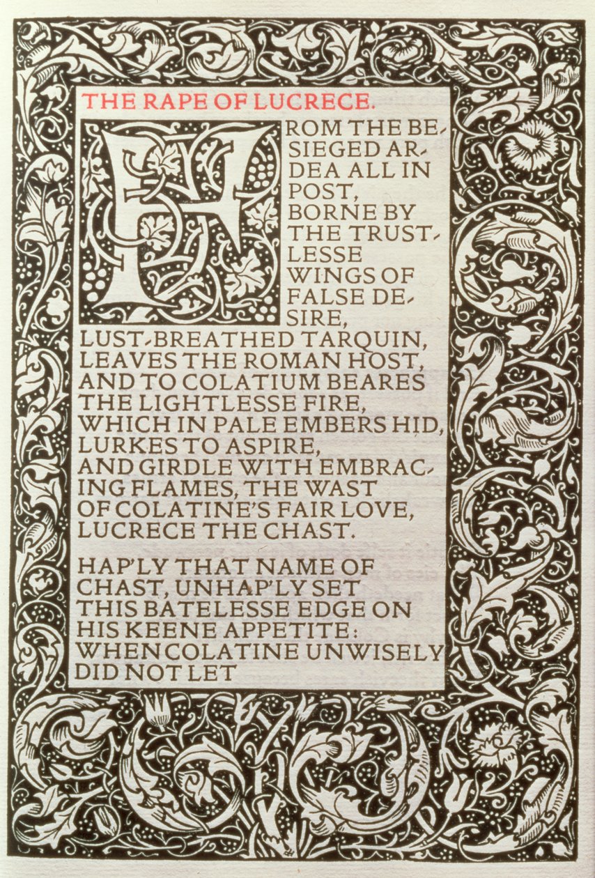 Gwałt na Lukrecji, z „Wierszy Williama Szekspira” opublikowanych przez Kelmscott Press autorstwa William Morris