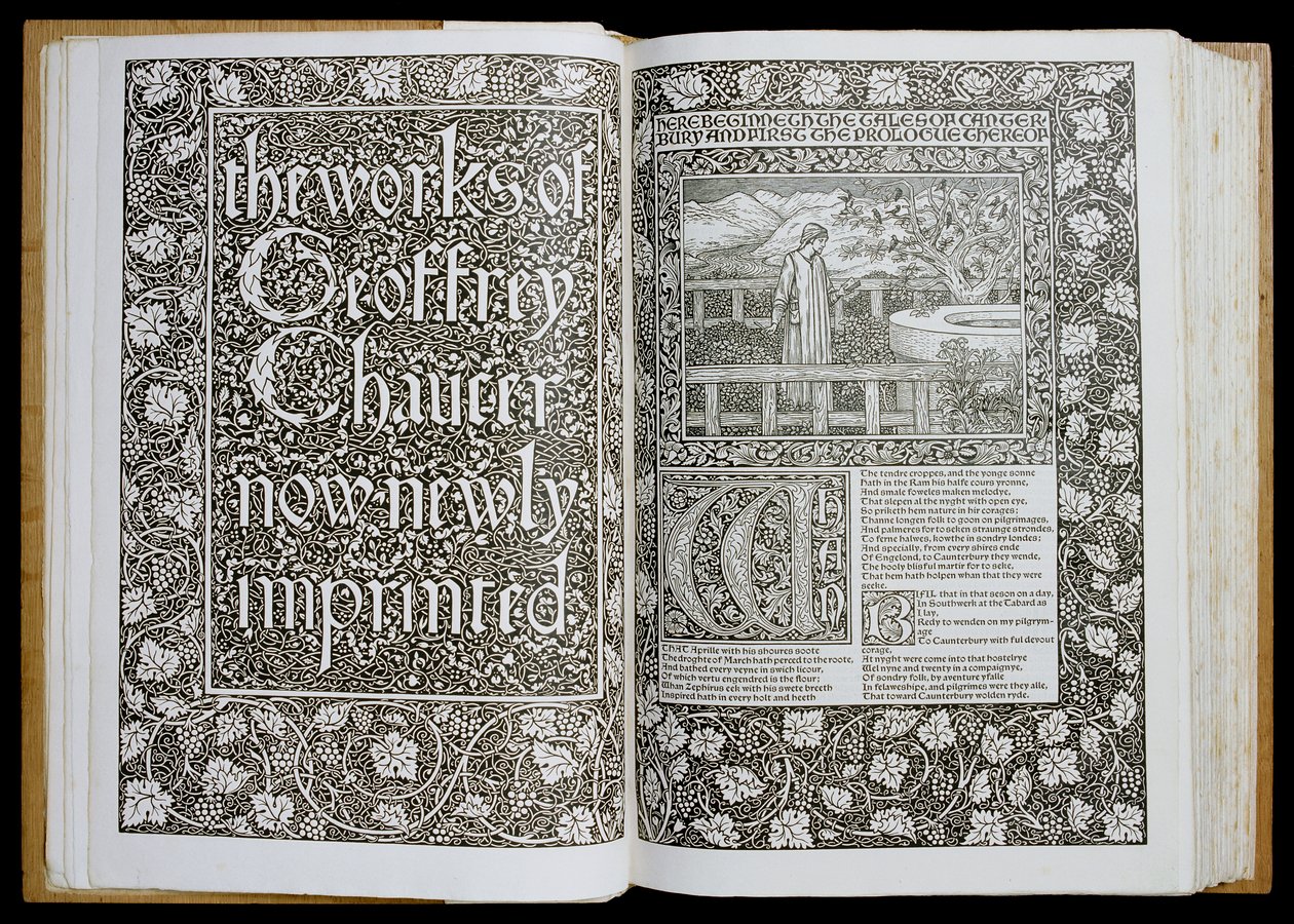 Strona tytułowa i frontyspis z „Dzieła Geoffreya Chaucera”, opublikowanego w 1896 r. przez Kelmscott Press (drzewryt) autorstwa William Morris