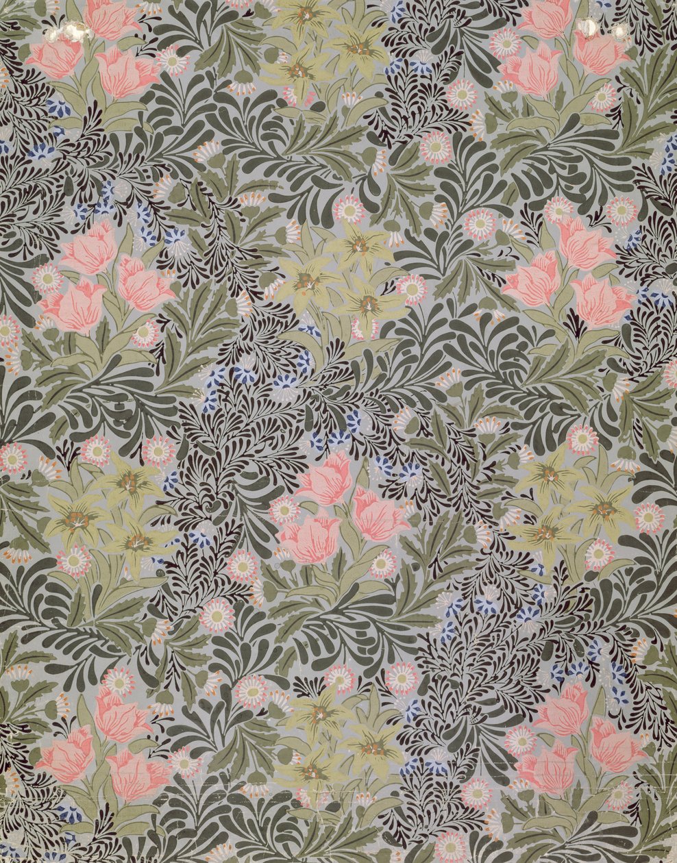 Wzór tapety z tulipanami, stokrotkami i wiciokrzewem (tapeta) autorstwa William Morris