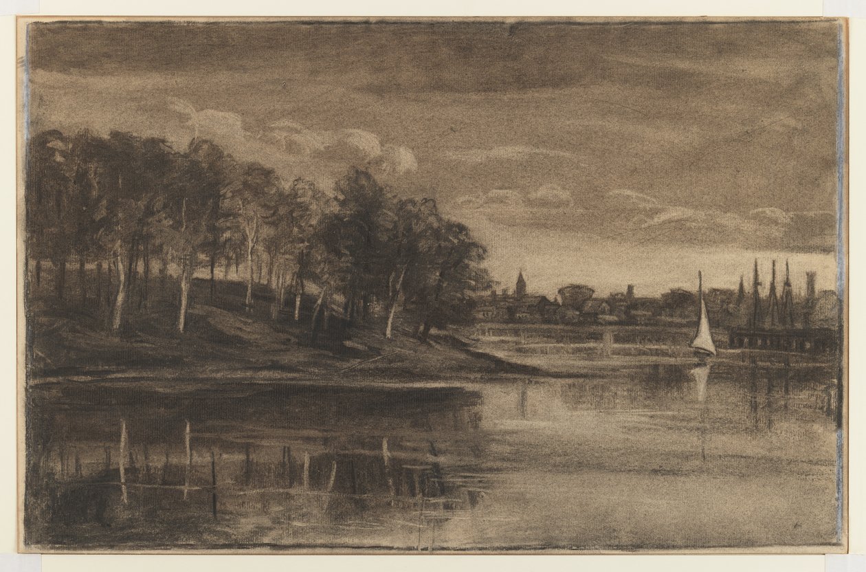 Krajobraz - Scena nad jeziorem (węgiel i kreda na papierze) autorstwa William Morris Hunt