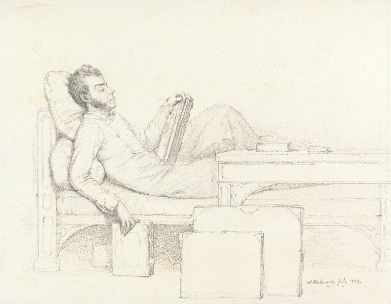 Autoportret artysty leżącego na gotyckiej kanapie i czytającego książkę autorstwa William Mulready
