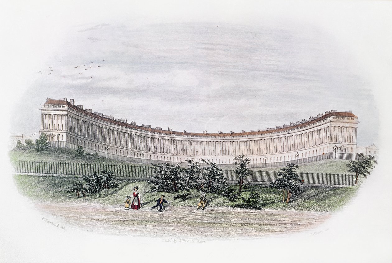 Royal Crescent, Bath, od strony parku, wyryte przez J. Shury, ok. 1840 r. autorstwa William N. Hardwick of Bath