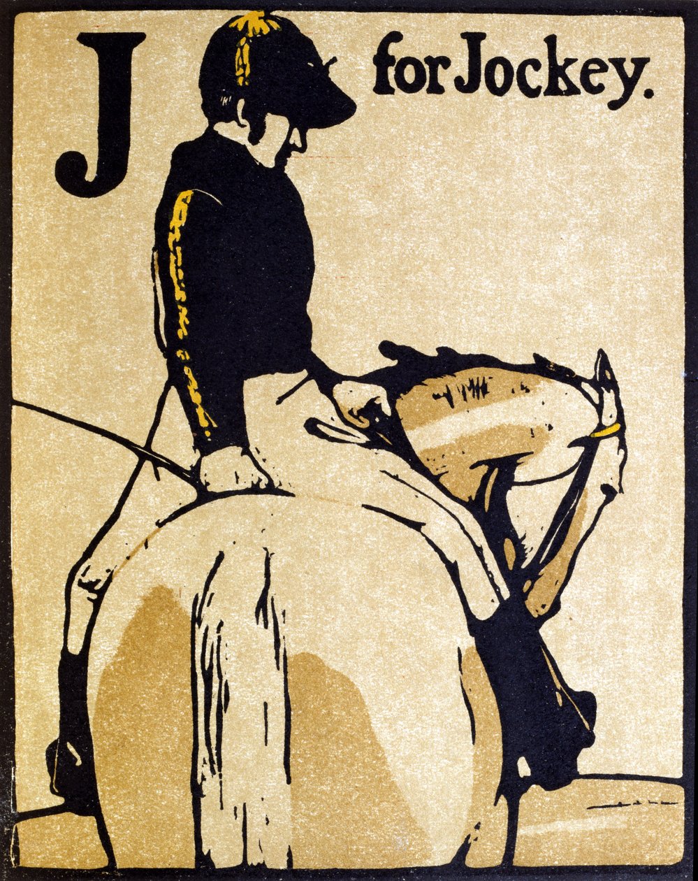 J jak Jockey, ilustracja z „Alfabetu”, wydanej przez Williama Heinemanna autorstwa William Nicholson
