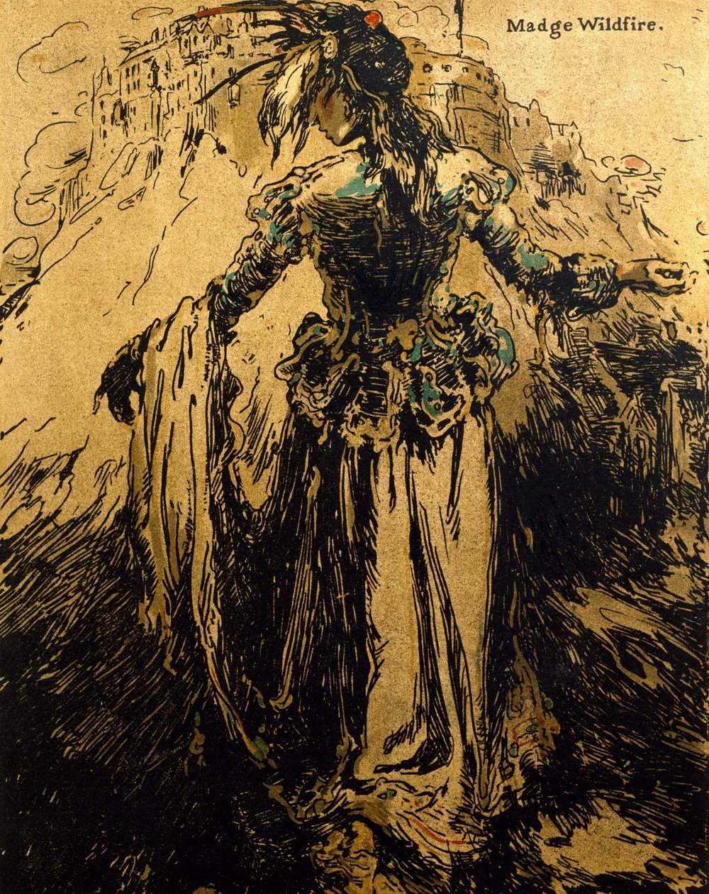Madge Wildfire, ilustracja z „Characters of Romance”, po raz pierwszy opublikowana w 1900 r. (kolor lito) autorstwa William Nicholson