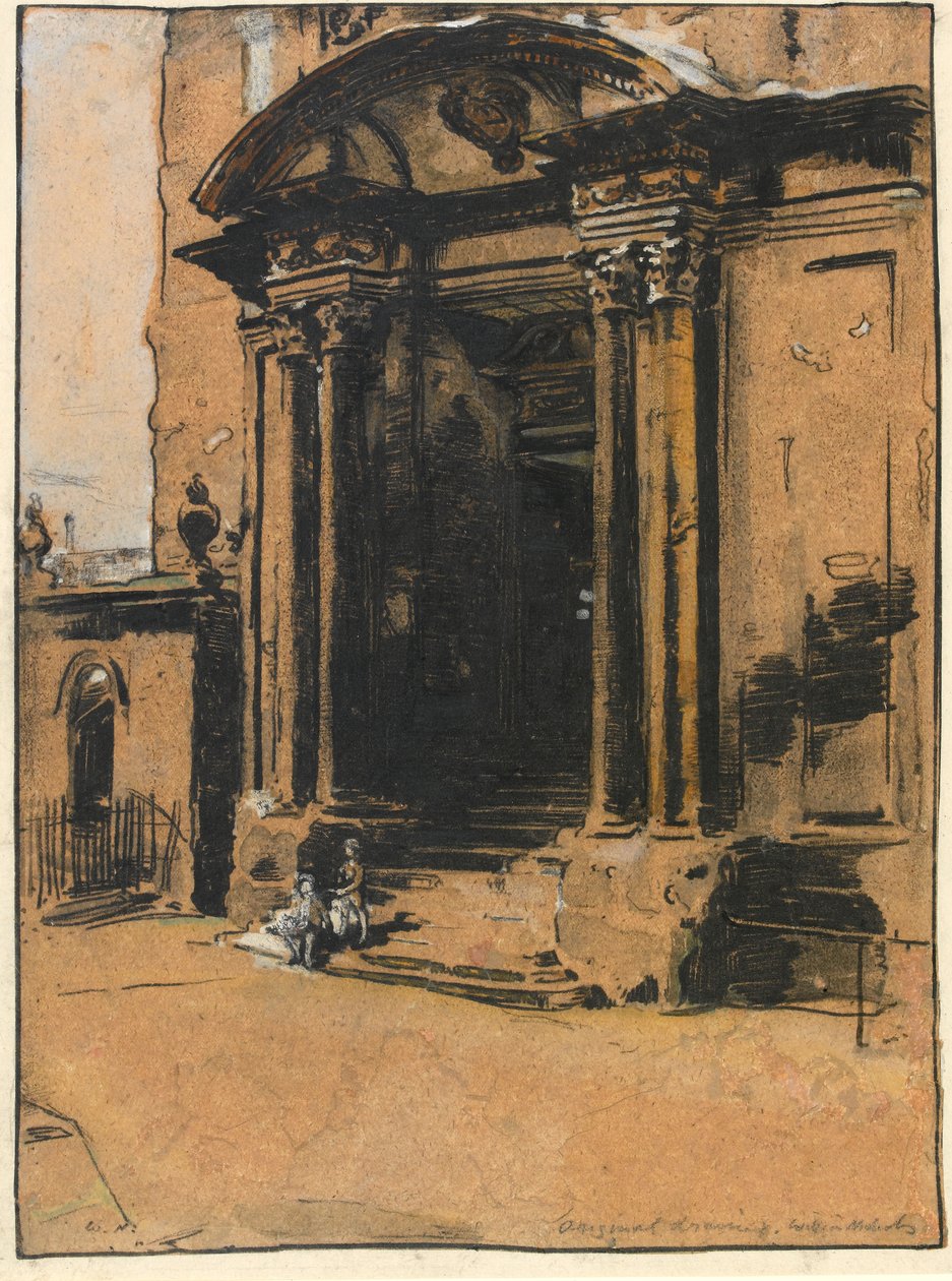 The Doorway of the old Ashmolean Museum, Oxford (pióro i atrament, czarna kreda i pranie z białym podwyższeniem na kalce kreślarskiej) autorstwa William Nicholson
