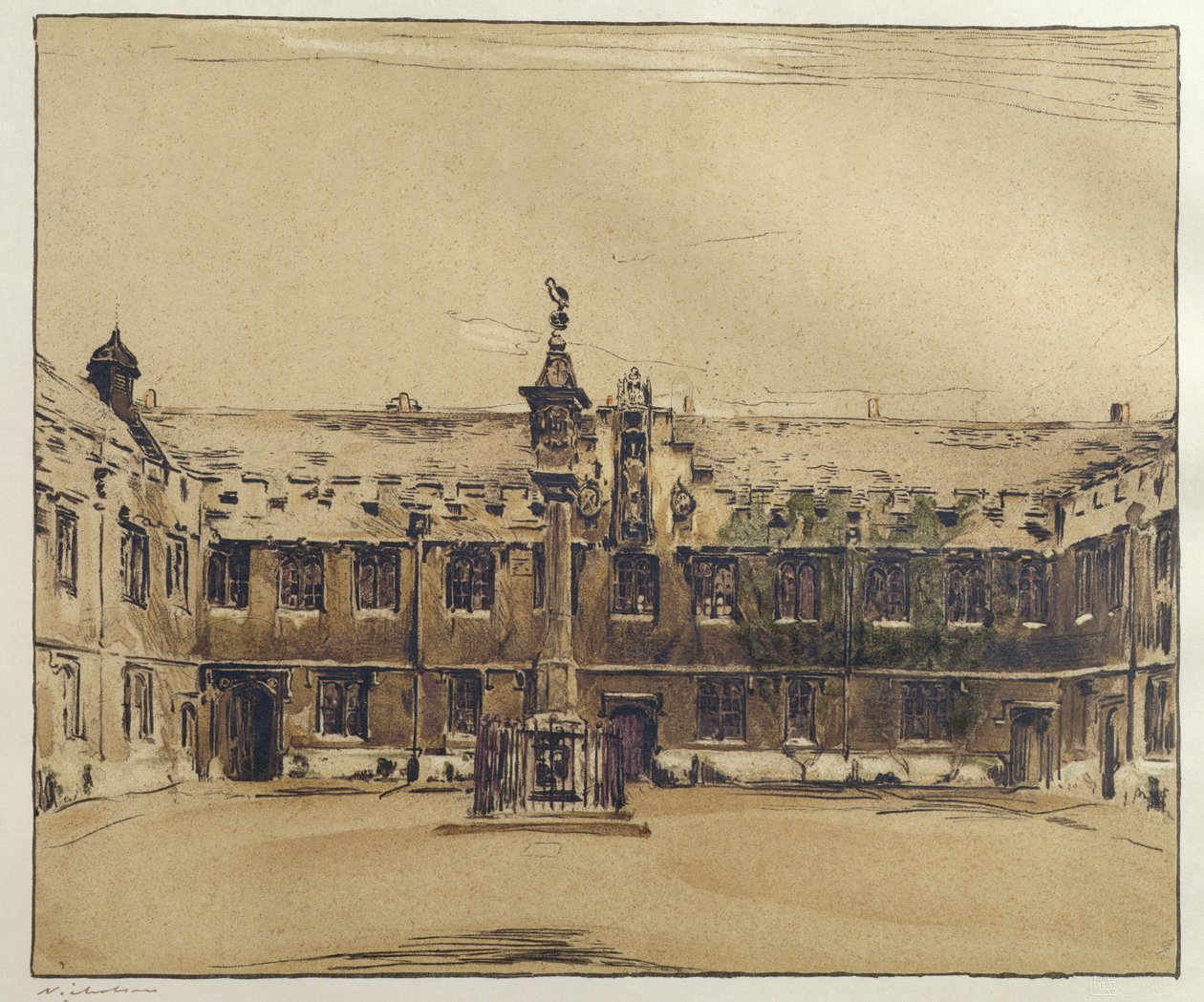 Front Quad of Corpus Christi College, Oxford (pióro i atrament z praniem na papierze) autorstwa William Nicholson