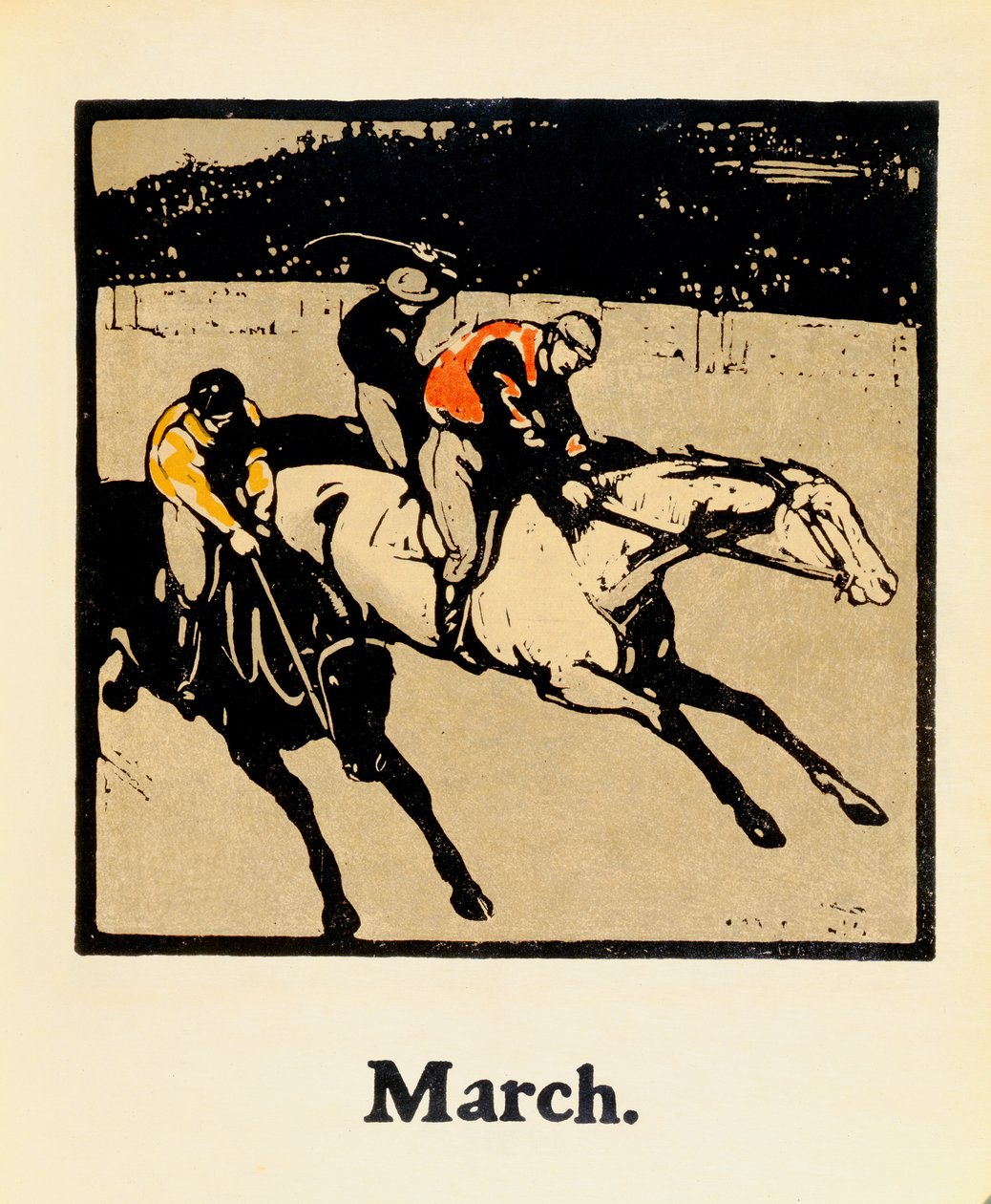 Miesiąc marzec, z „Almanachu dwunastu sportów”, ze słowami Rudyarda Kiplinga, opublikowany po raz pierwszy przez Williama Heinemanna autorstwa William Nicholson