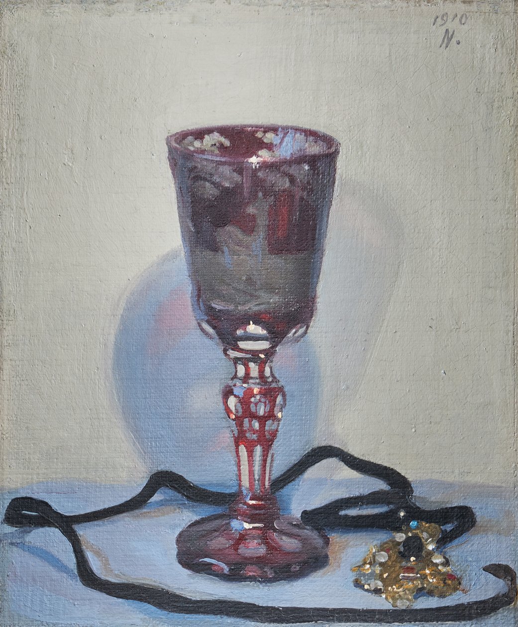 Rubinowe szkło, sygnowane i datowane w prawym górnym rogu autorstwa William Nicholson