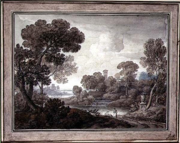 Pejzaż klasyczny, ok. 1770 (pióro i atrament oraz akwarela na papierze) autorstwa William Oram