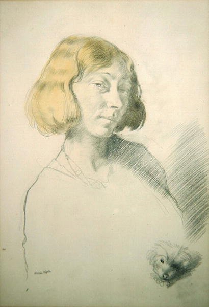 Vera Hone i jej pies, ok. 1912 (ołówek i pranie na papierze) autorstwa William Orpen