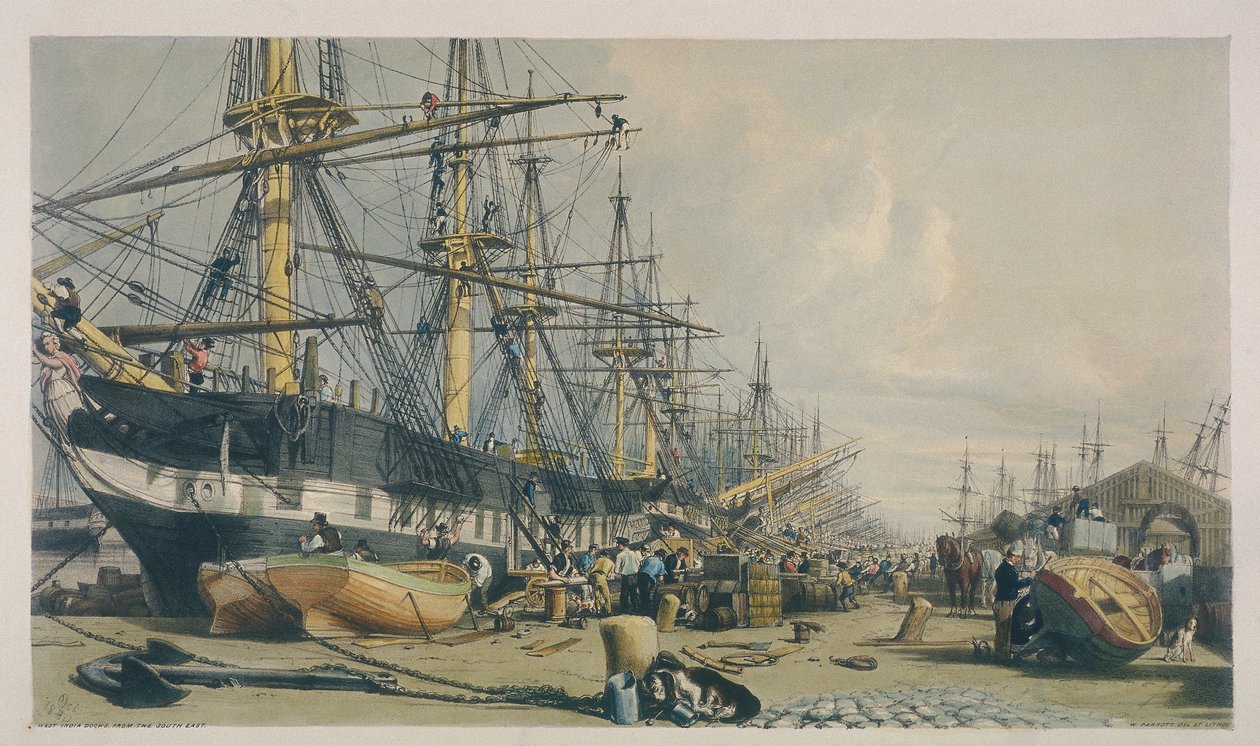 Widok na doki w Indiach Zachodnich od południowego wschodu, 1840 autorstwa William Parrott