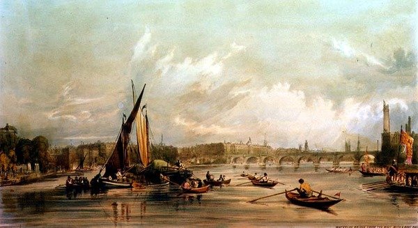 Most Waterloo z Zachodu z wyścigiem łodzi (lito) autorstwa William Parrott