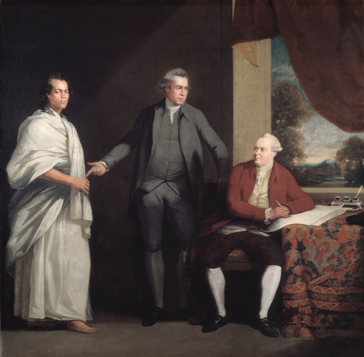 Omai, Joseph Banks i dr Daniel Solander, c1775-6. autorstwa William Parry