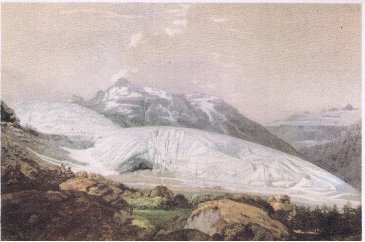 Widok góry Furka z lodowcem Rodanu, z książki British Adventure wydanej przez Collins, 1947 autorstwa William Pars