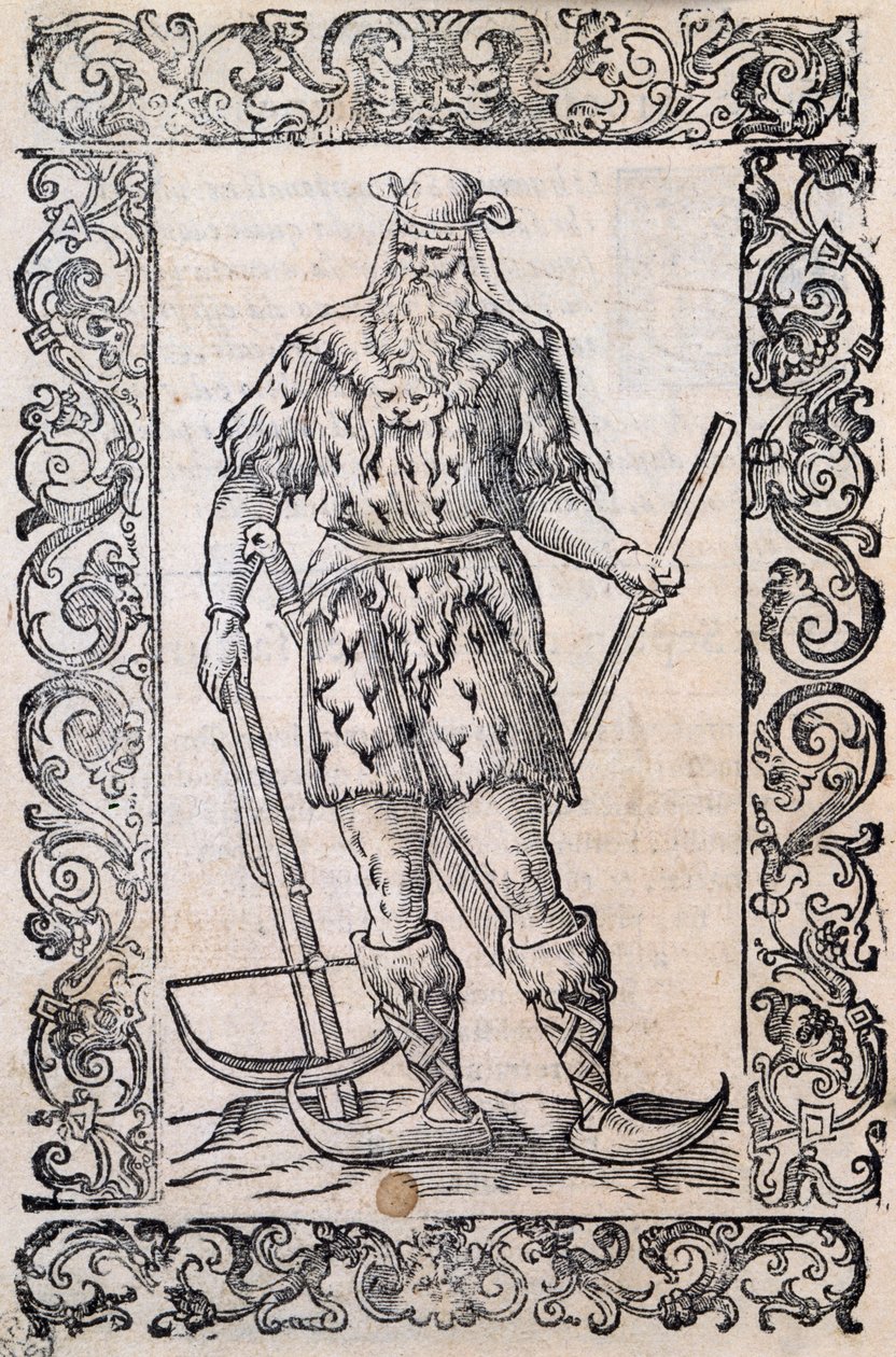 Mężczyzna w futrzanej sukience, kuszy i butach ze skręconym czubkiem (przykład szczątkowych nart), ilustracja przypisywana Cesare Vecellio (1521-1601), wydana we Włoszech w XVI wieku autorstwa Nicolas Toussaint Charlet