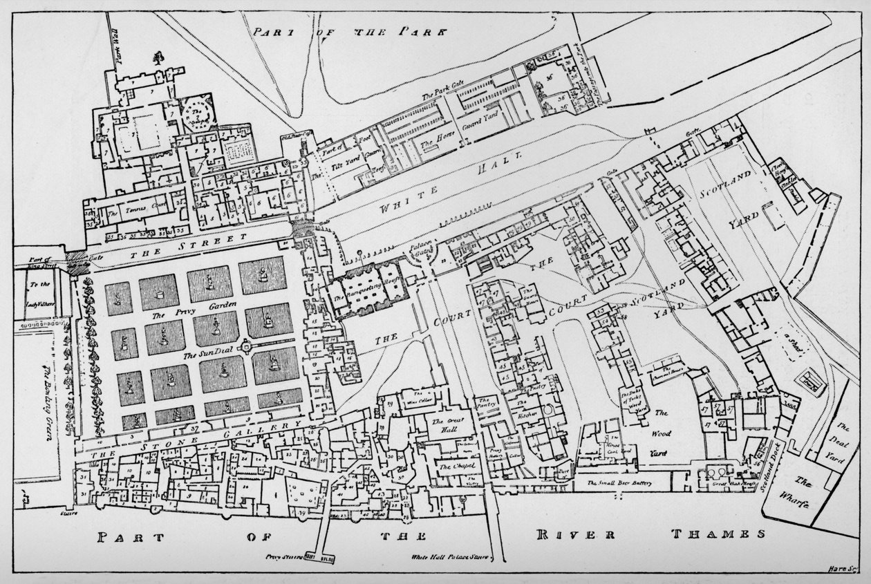 Zredukowana kopia planu rybackiego Pałacu Królewskiego w Whitehall, wykonana za panowania Char autorstwa William Patten