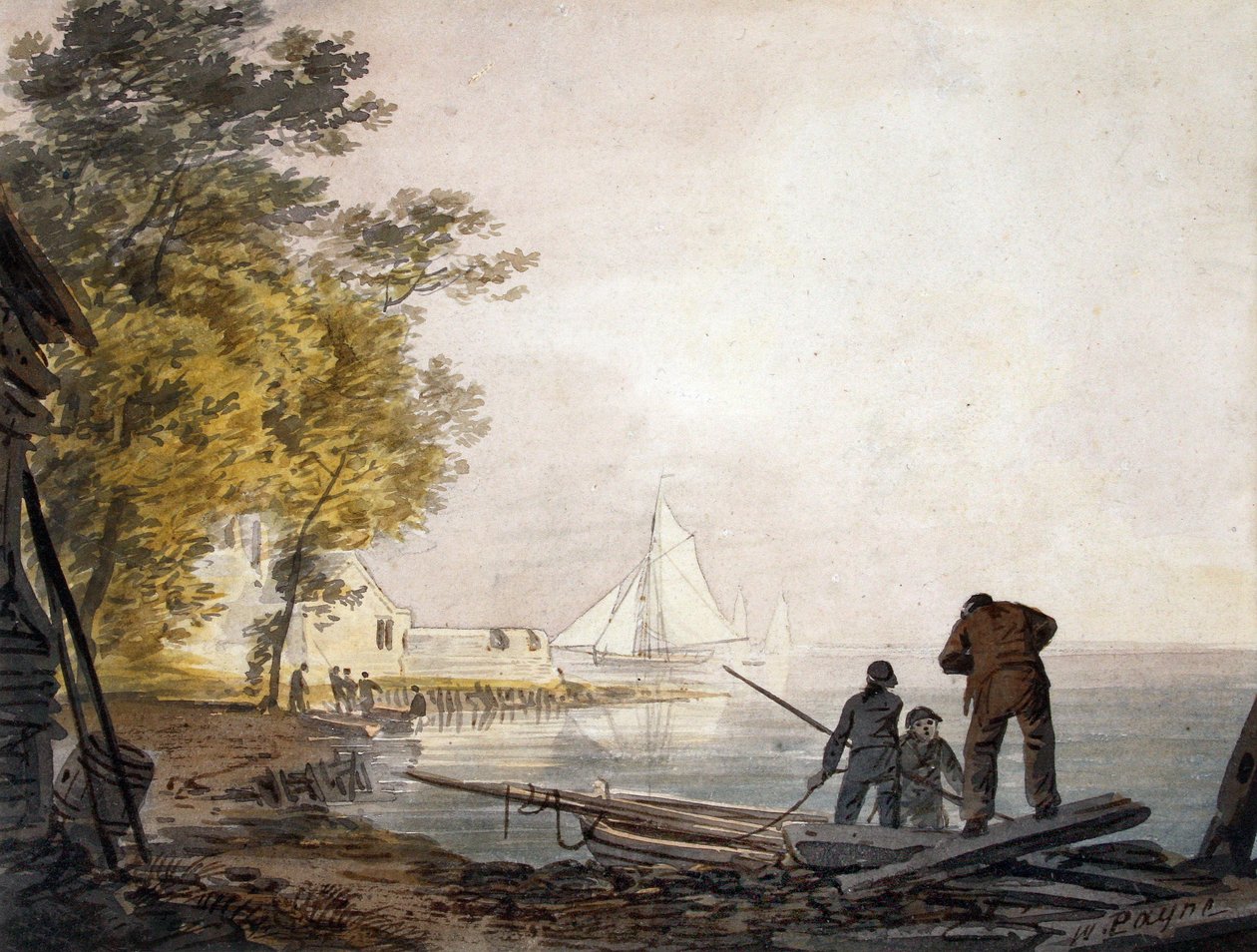 Zamek Cowes z żeglarzami na brzegu (akwarela) autorstwa William Payne