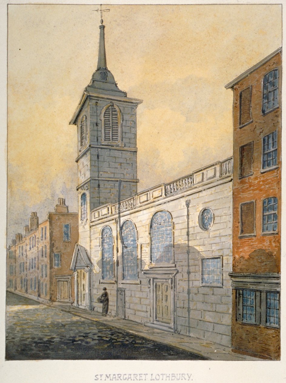 Południowo-wschodni widok kościoła St Margaret Lothbury, City of London, 1815. autorstwa William Pearson