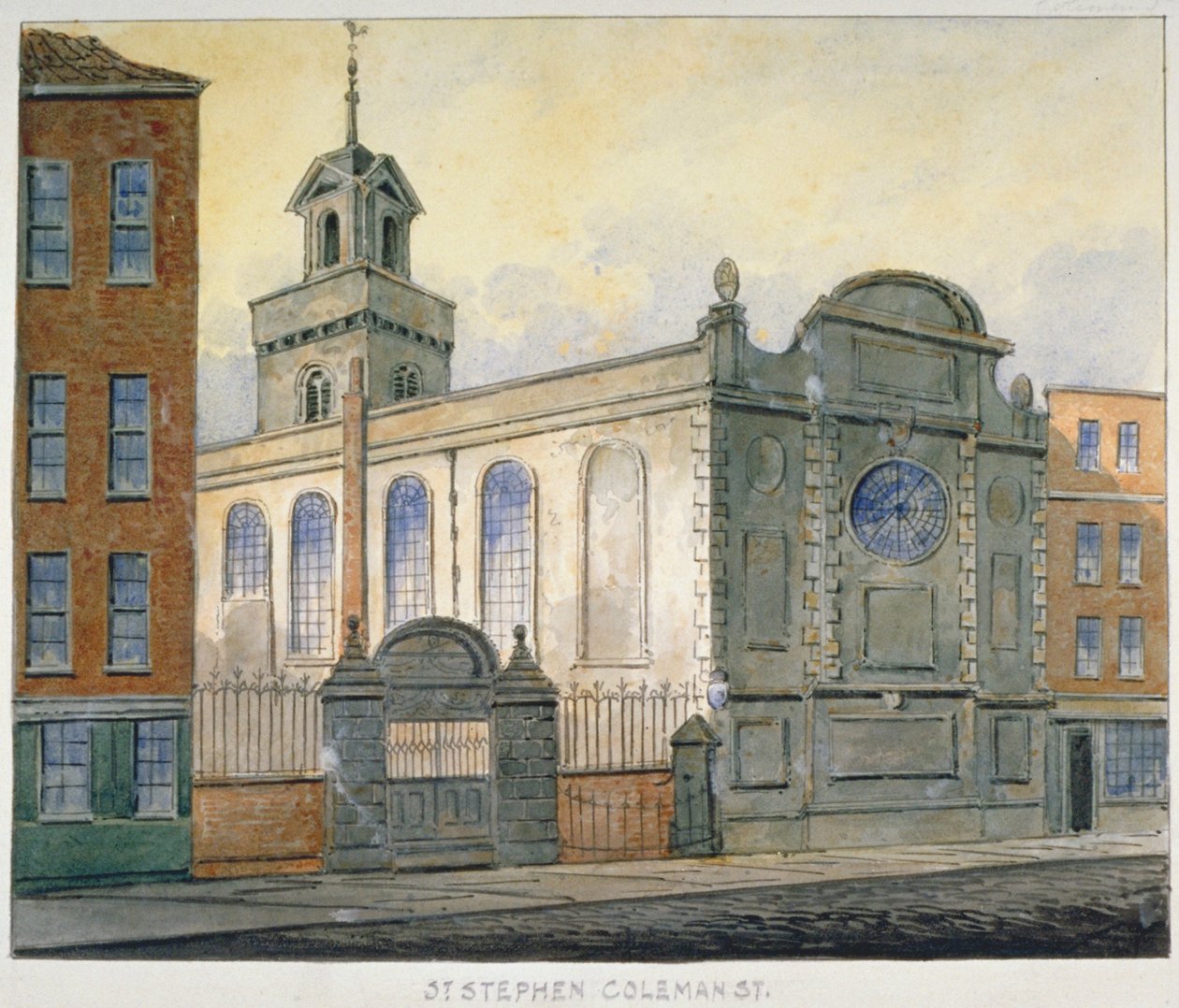 Widok południowo-wschodni kościoła św. Szczepana, Coleman Street, City of London, 1815 autorstwa William Pearson