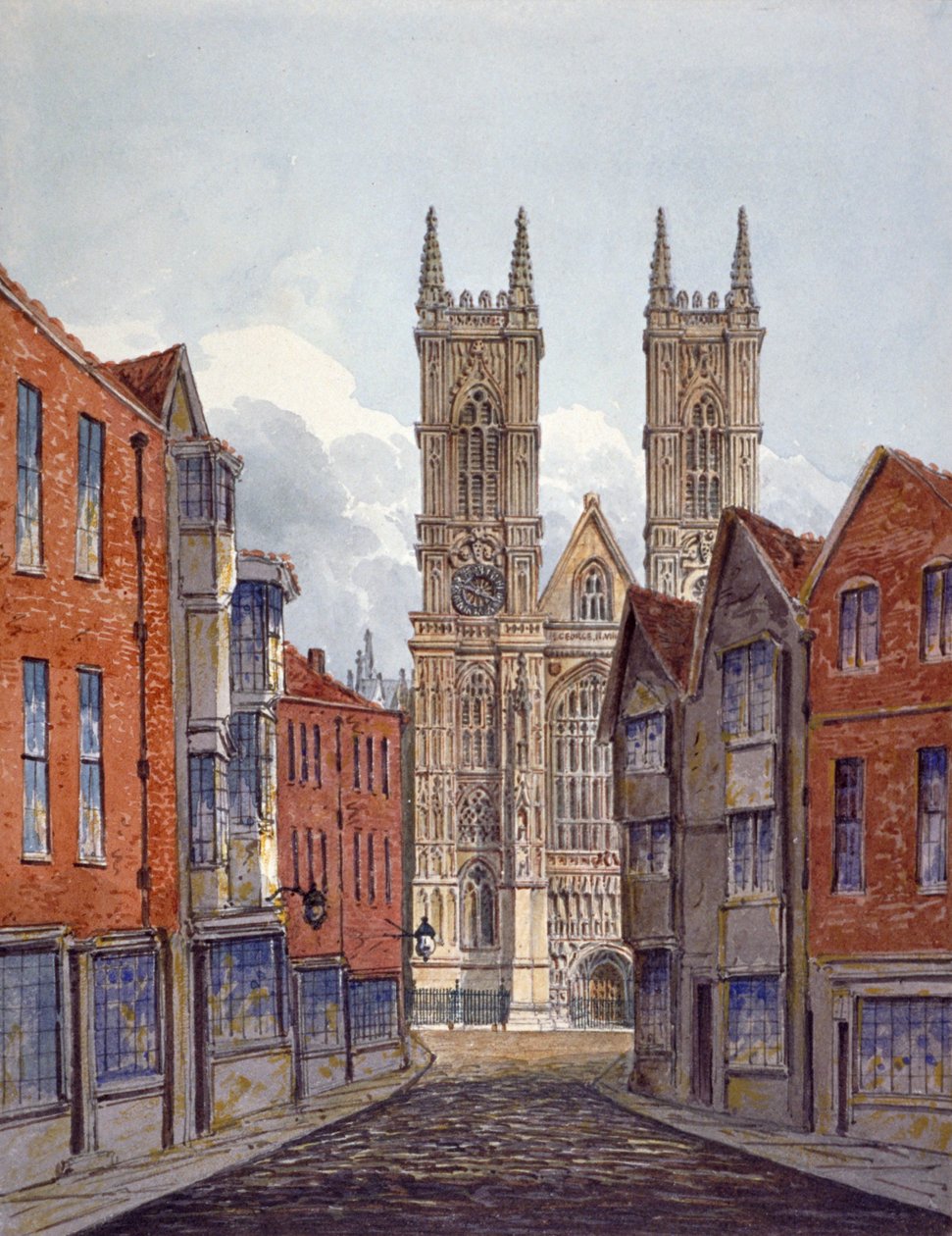 Widok na zachodni kraniec Opactwa Westminsterskiego, patrząc od Tothill Street, Londyn, c1815 autorstwa William Pearson