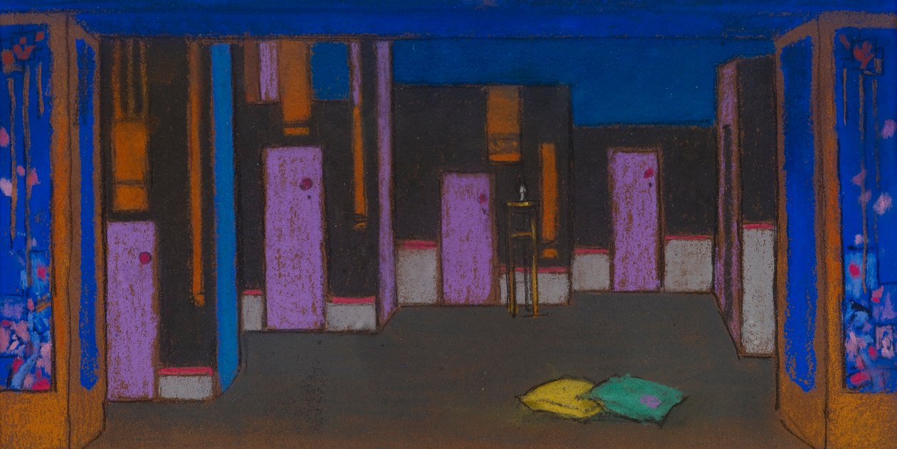 Sala z drzwiami (scenografia do filmu Alicja w Krainie Czarów, 1915) autorstwa William Penhallow Henderson