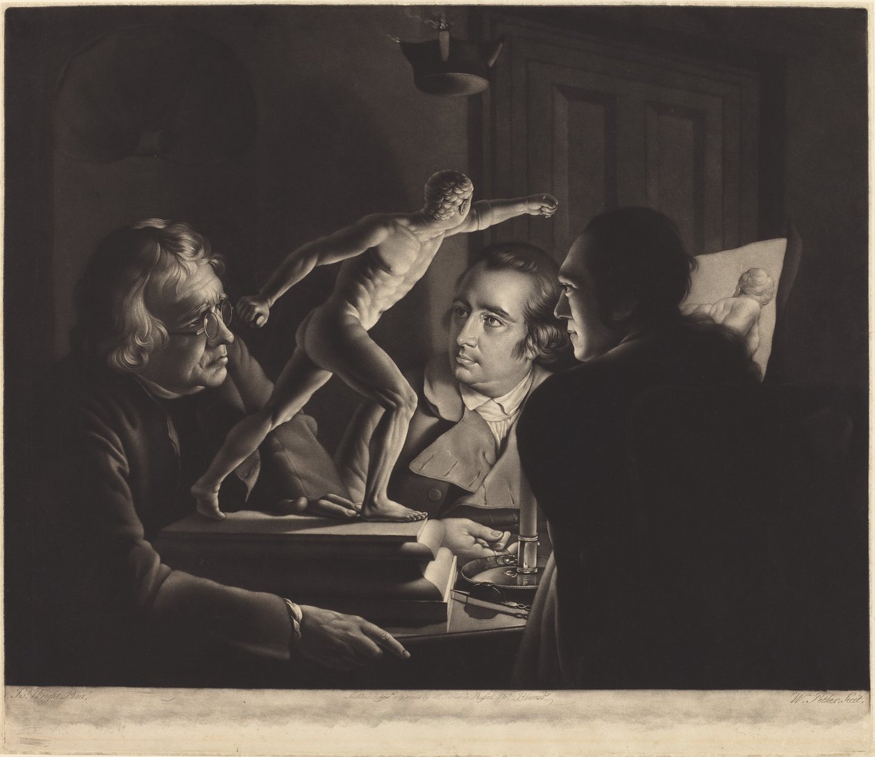 Trzy osoby oglądające Gladiatora przy świecach autorstwa William Pether after Joseph Wright