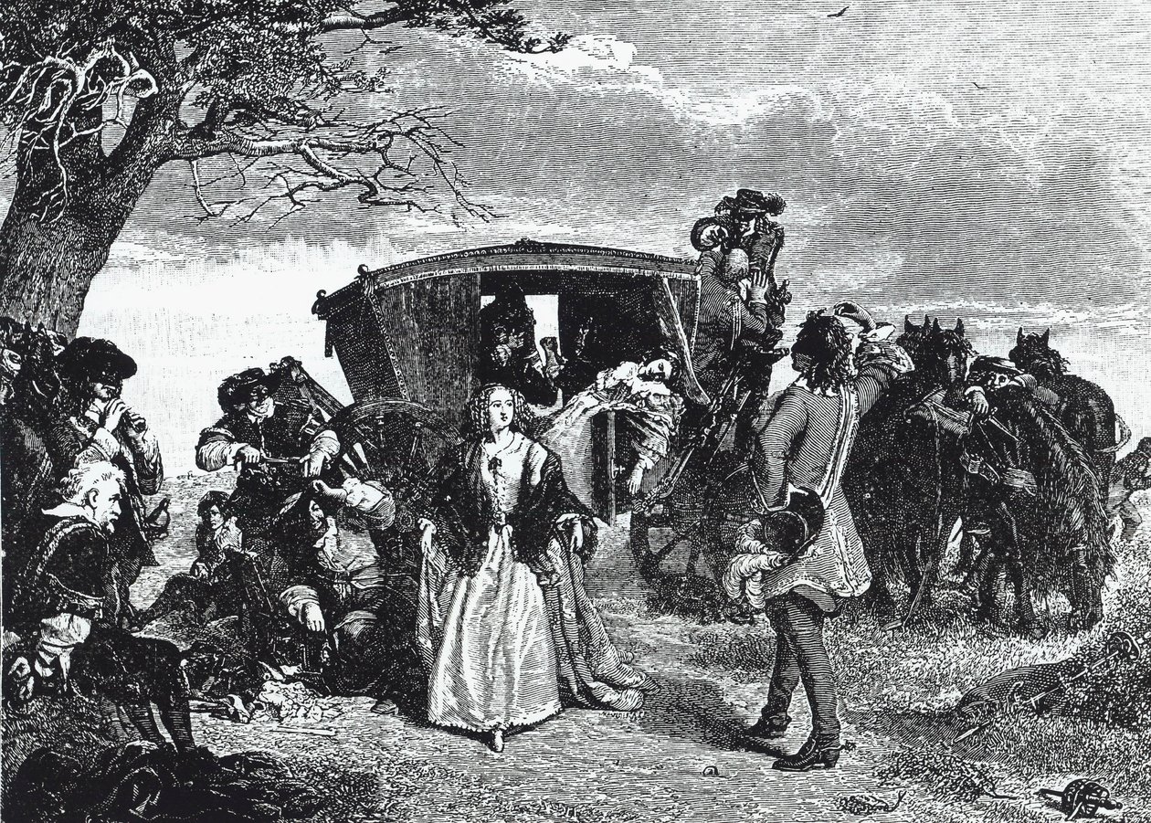 rozbójnik Claude Duval przedstawiony w legendarnym momencie, gdy odmawia zabrania całego swojego łupu, jeśli żona jego ofiary zatańczy z nim "courante" na wrzosowisku Hounslow (rycina) autorstwa William Powell (after) Frith