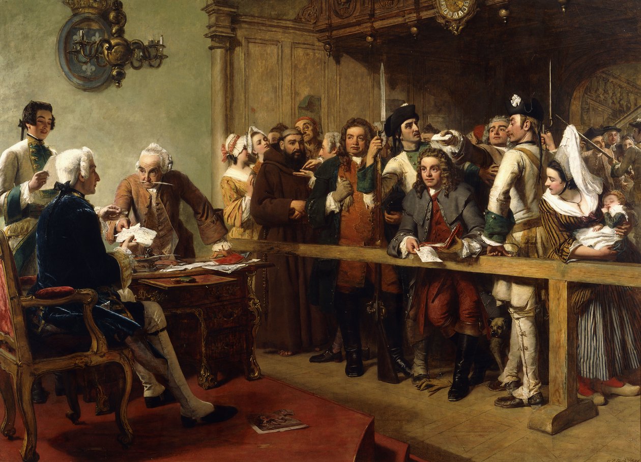Hogarth postawiony przed gubernatorem Calais jako szpieg, 1851 autorstwa William Powell Frith