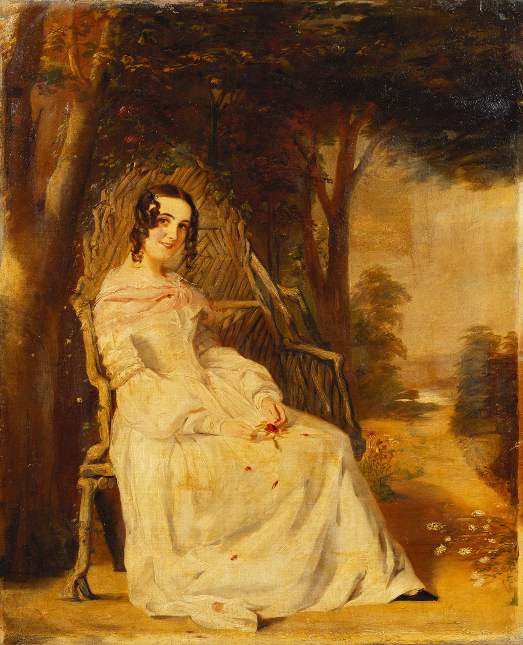 Portret Mary Freer siedzącej w małej pełnej długości na siedzeniu ogrodowym, autorstwa William Powell Frith